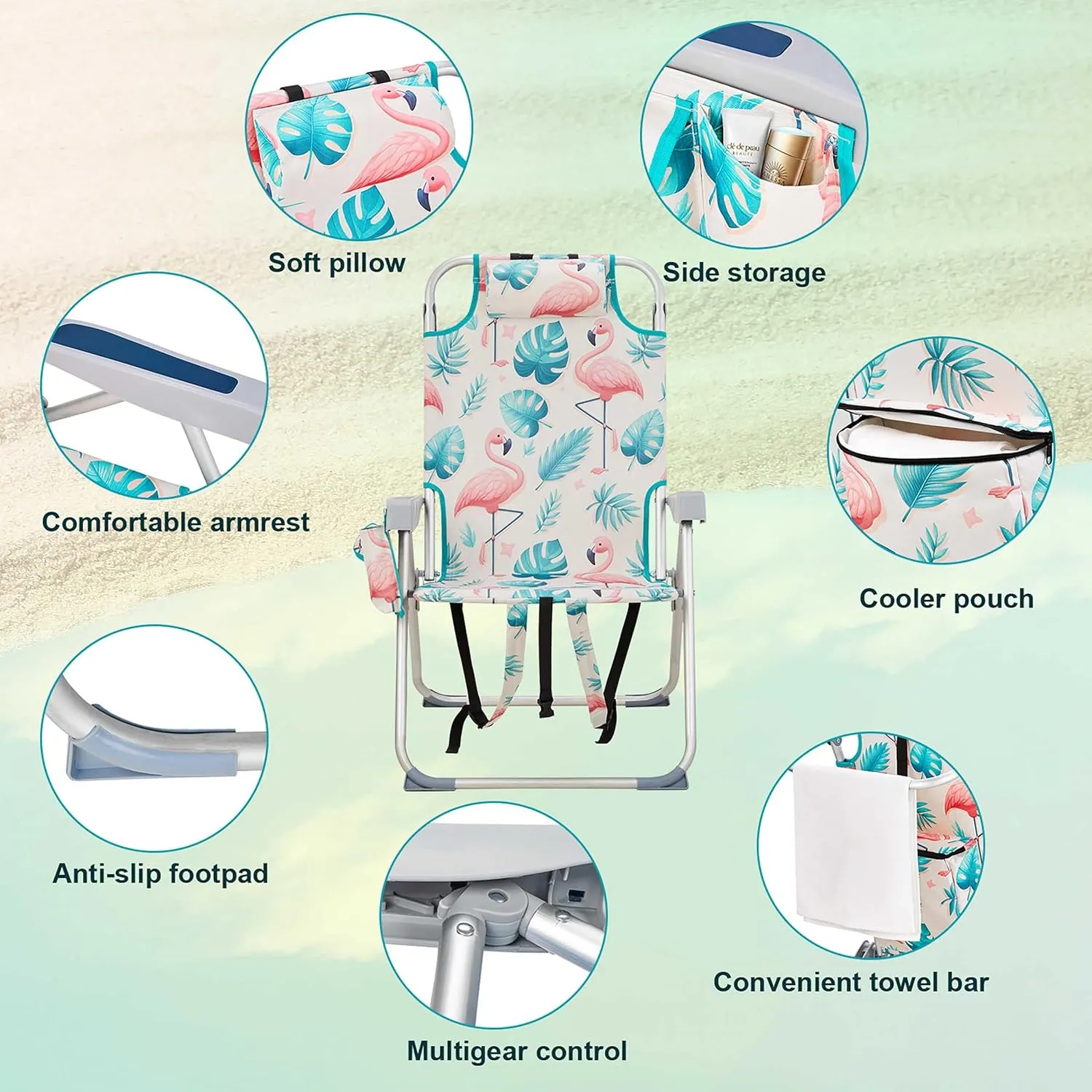 Portable Beach Chair Chair with Backrest, Load 220 LBS, Collapsible Outdoor Folding Chair for Hiking, Picnic, Festival, Camping and Sports, 24.8"L x 27.56"W x 38.98"H, Easy Set Up, Pink Bird