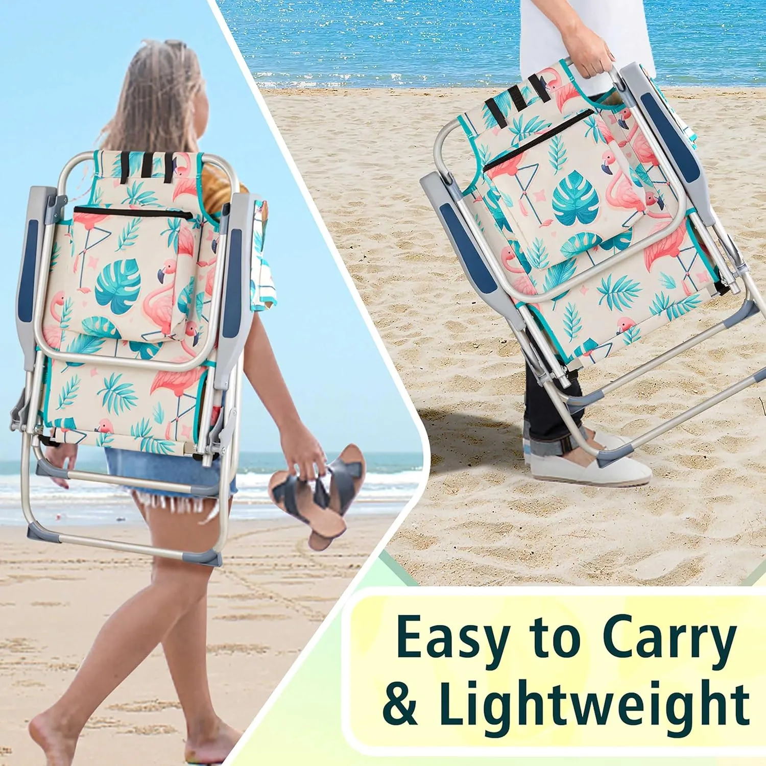 Portable Beach Chair Chair with Backrest, Load 220 LBS, Collapsible Outdoor Folding Chair for Hiking, Picnic, Festival, Camping and Sports, 24.8"L x 27.56"W x 38.98"H, Easy Set Up, Pink Bird
