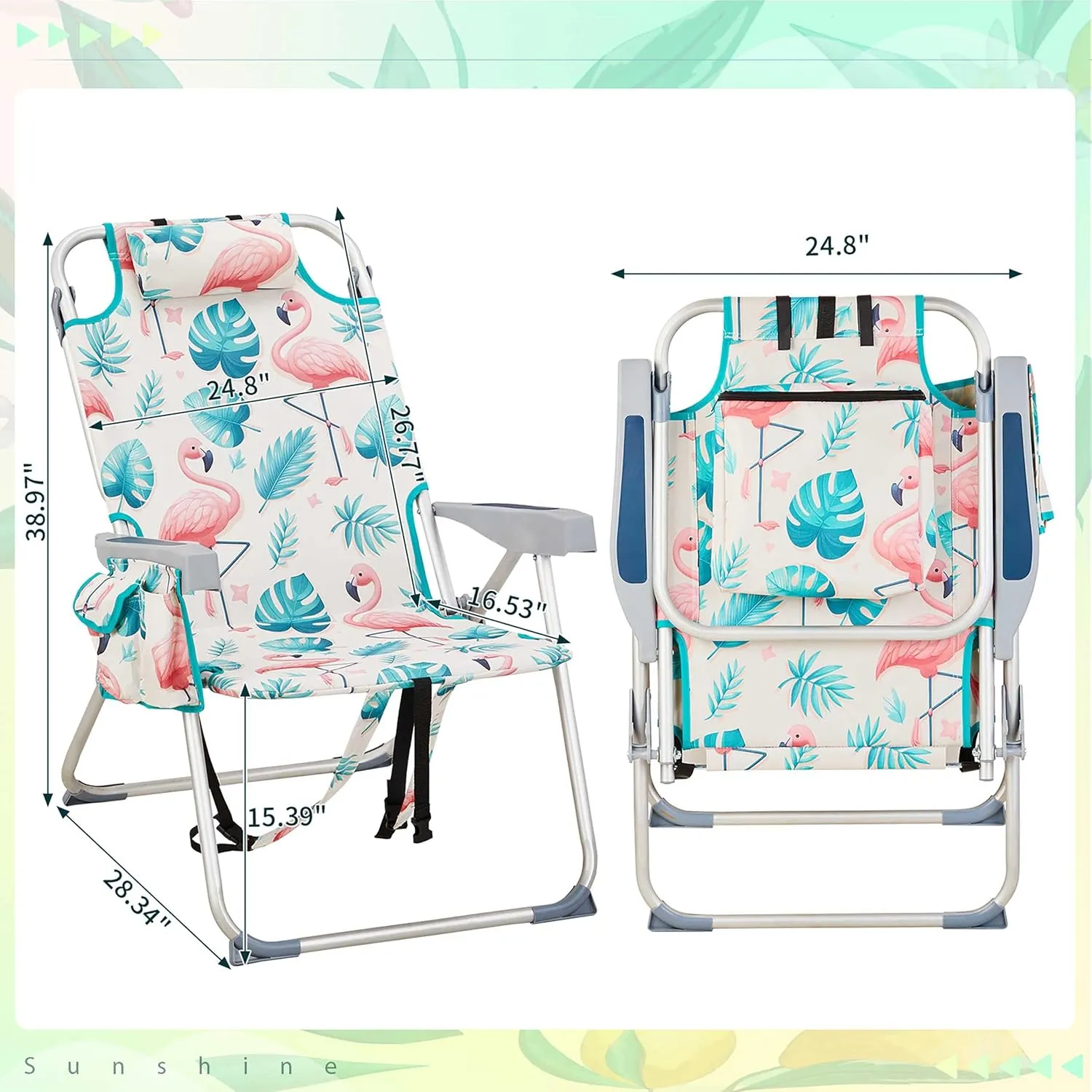 Portable Beach Chair Chair with Backrest, Load 220 LBS, Collapsible Outdoor Folding Chair for Hiking, Picnic, Festival, Camping and Sports, 24.8"L x 27.56"W x 38.98"H, Easy Set Up, Pink Bird