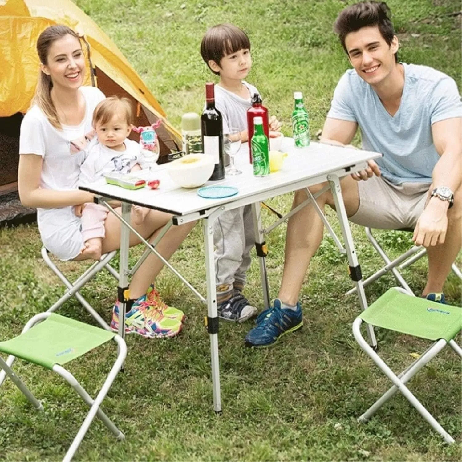 Portable Beach Table Outdoor Portable Camping Table with Aluminum Legs Adjustable Height Roll Up Table Top Folding Camping Table