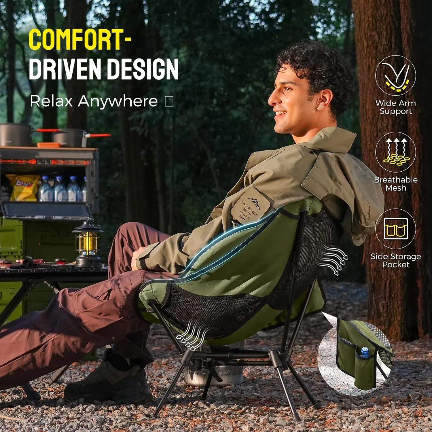 Portable Camping Chair – Compact Lightweight Folding Chair for Adults, Supports 330 lbs – Ideal for Backpacking Hiking, Fishing, Beach, Picnic & Lawn (Dark Green)