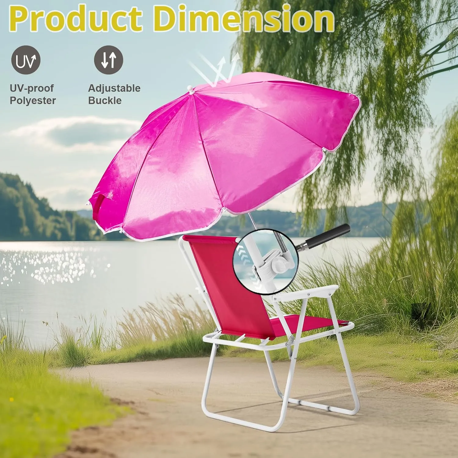 Portable Camping Chair for Adults, Comfy Outdoor Leisure Chairs with Adjustable Umbrella and PE Oxford Cloth, Lightweight Folding Beach Chair for Picnic Backyard Travel, Supports Up to 265lbs, Pink