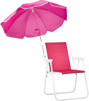Portable Camping Chair for Adults, Comfy Outdoor Leisure Chairs with Adjustable Umbrella and PE Oxford Cloth, Lightweight Folding Beach Chair for Picnic Backyard Travel, Supports Up to 265lbs, Pink