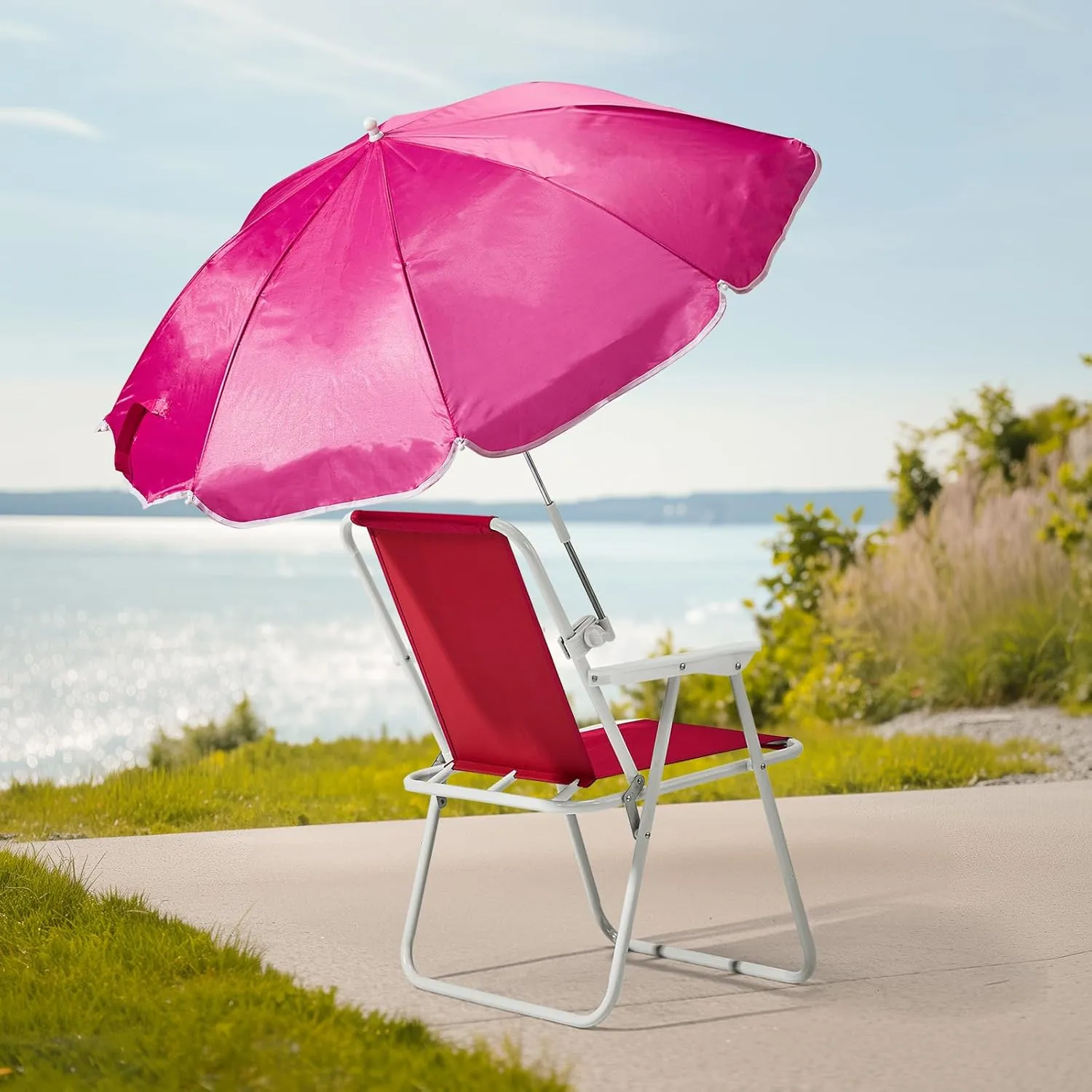 Portable Camping Chair for Adults, Comfy Outdoor Leisure Chairs with Adjustable Umbrella and PE Oxford Cloth, Lightweight Folding Beach Chair for Picnic Backyard Travel, Supports Up to 265lbs, Pink