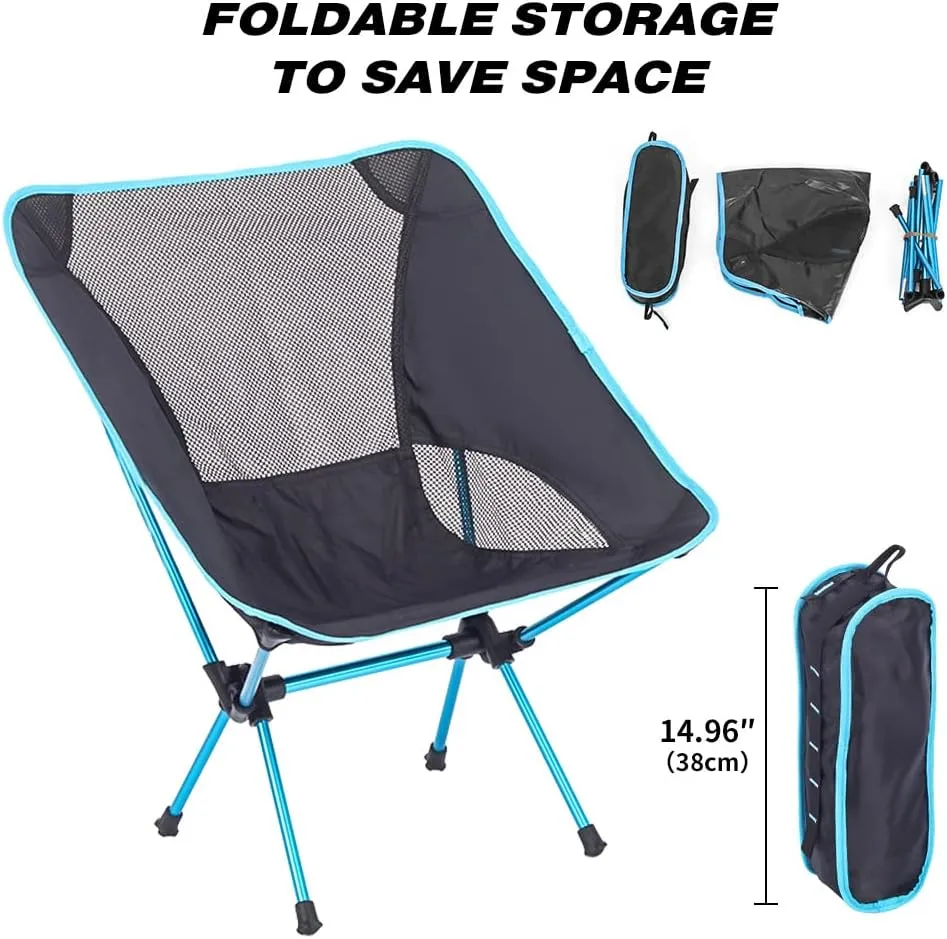 Portable Camping Chair, Lightweight Foldable Outdoor Chair for Hiking Beach Lawn, Max Load 220 lbs, Aircraft Grade 7075 Aluminum, Compact Backing, Light Blue