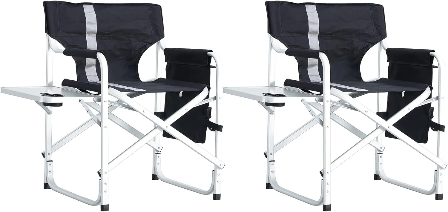 Portable Camping Chair Padded Folding Beach Chair with Side Table and Storage Pockets Lightweight Oversized Directors Chair for Indoor, Outdoor, Picnics and Fishing, 2 Piece, Black Gray