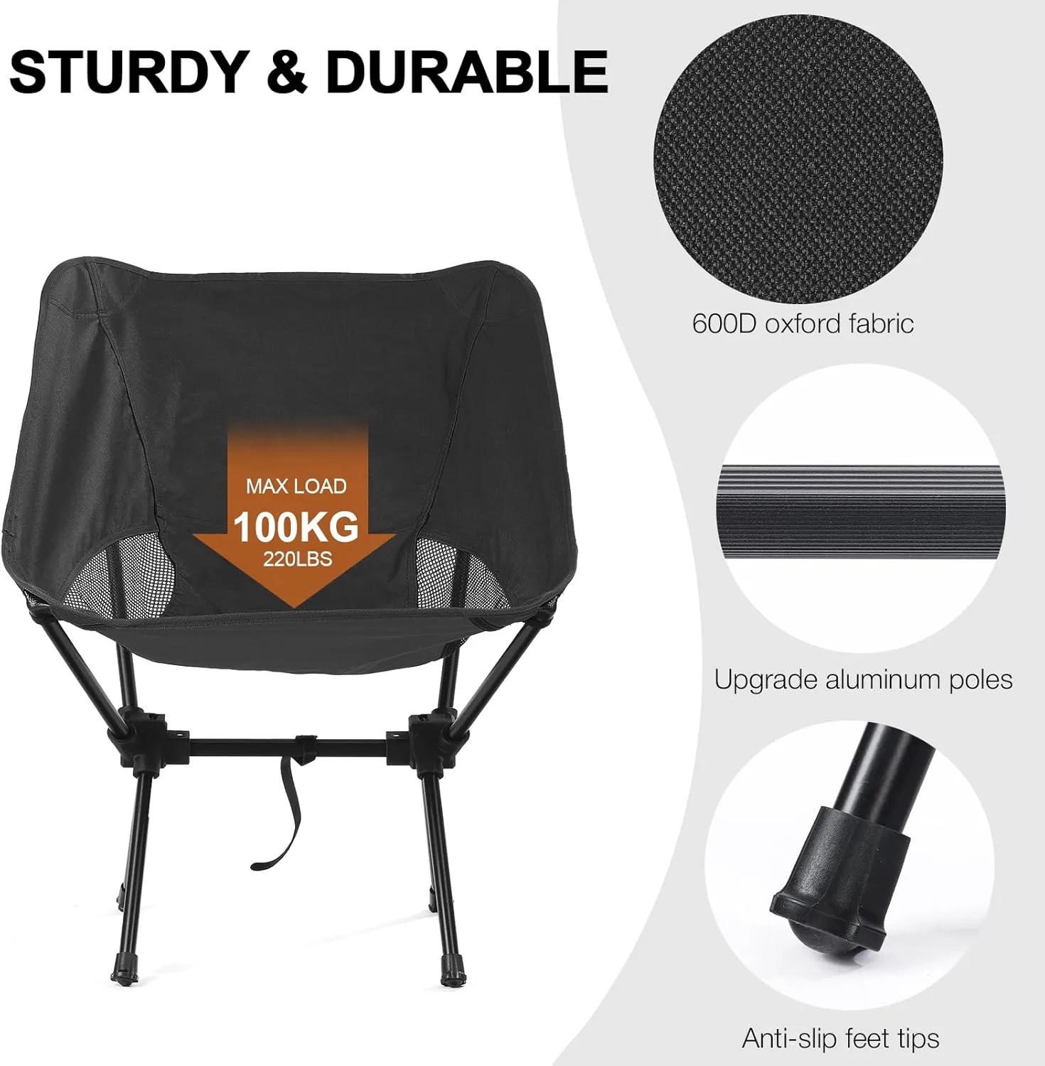 Portable Camping Chairs Men Women, Folding Backpacking Camping Chairs for Adult, Compact Small Beach Chair, Lightweight Camp Chair for Travel Hiking, Black