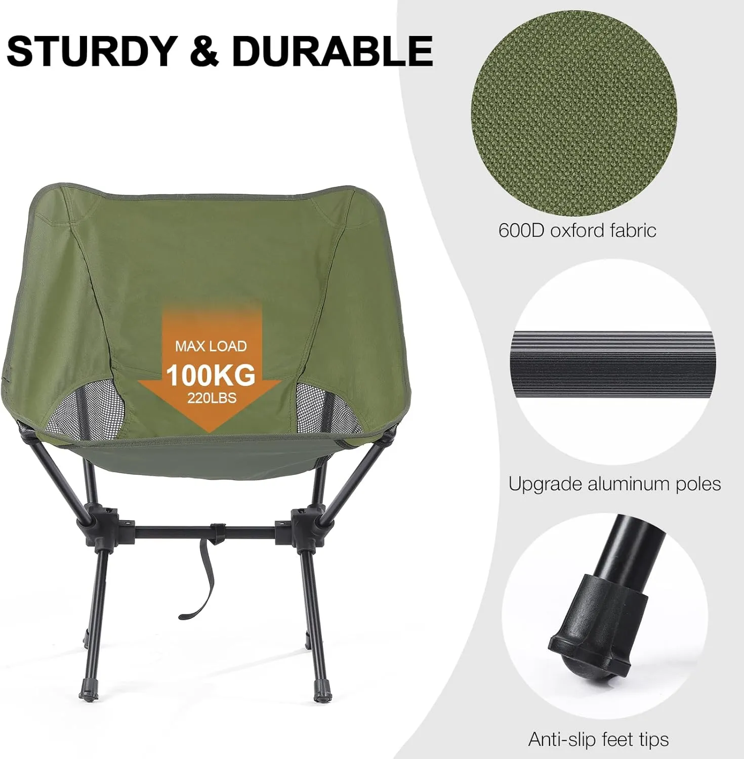 Portable Camping Chairs Men Women, Folding Backpacking Camping Chairs for Adult, Compact Small Beach Chair, Lightweight Camp Chair for Travel Hiking, Green
