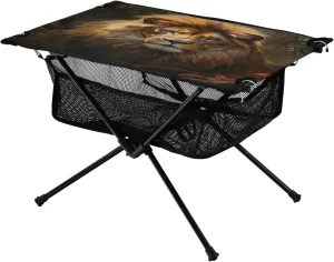Portable Camping Table Foldable with Mesh Storage Lightweight Compact Camp Tent Side Table for Outside,Camping,Hiking,Tailgating,Lion