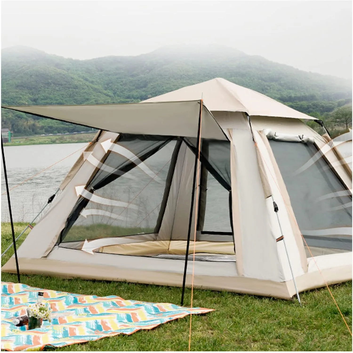 Portable Campitent Waterproof,Double Doors and Four Easy Tents to Put Up, Light and Practical Family Tent, for Family Camping,Hikiparty 4 People