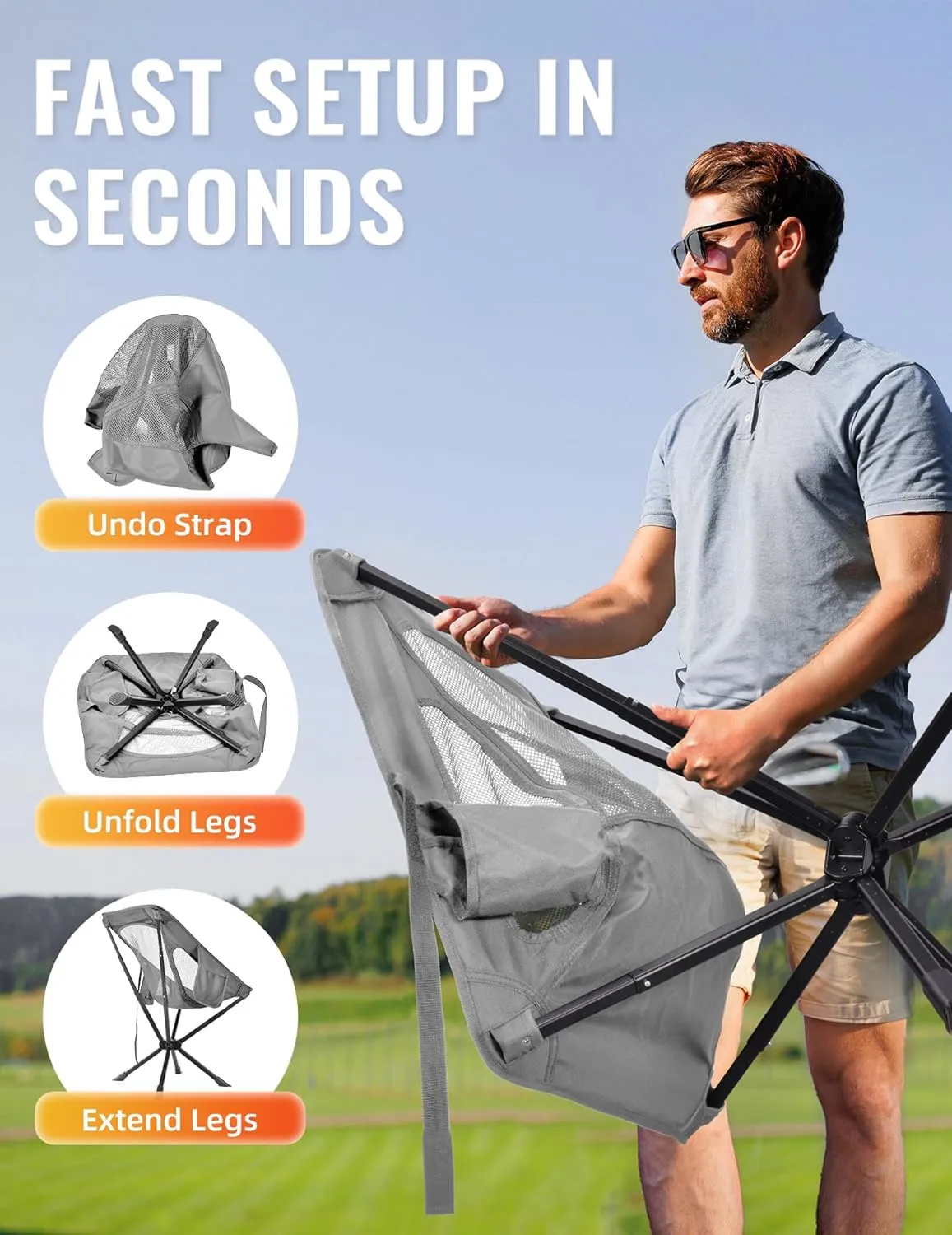 Portable Chairs for Adults Foldable, Fast Setup, Lightweight & Small Folding Chair with Cup Holder, Side Pocket and Carry Bag - Support 350 LBS