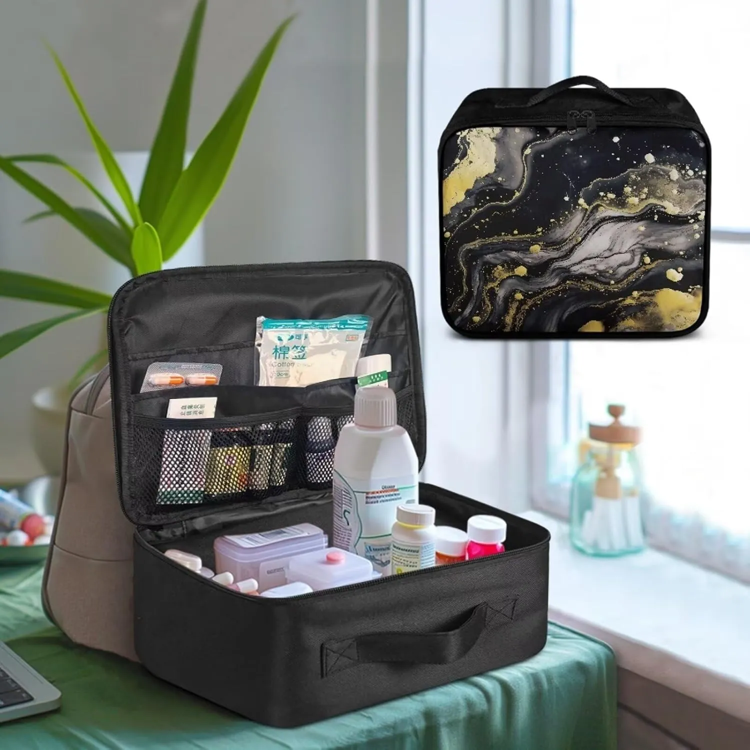 Portable Empty First Aid Bag Kit Black Marble Empty Emergency Trauma Kit Organizer Bag Medical Storage Bag Survival Pouch Bag for Camping Hiking Home Travel First Aid Pouch