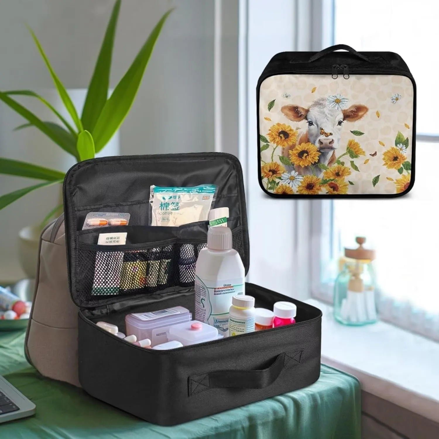 Portable Empty First Aid Kit Bag Large Cow Sunflower Travel First Aid Kit Pouch Medical Storage Bag Medium Emergency Survival Pouch Bag for Car Camping Hiking Home Travel Office
