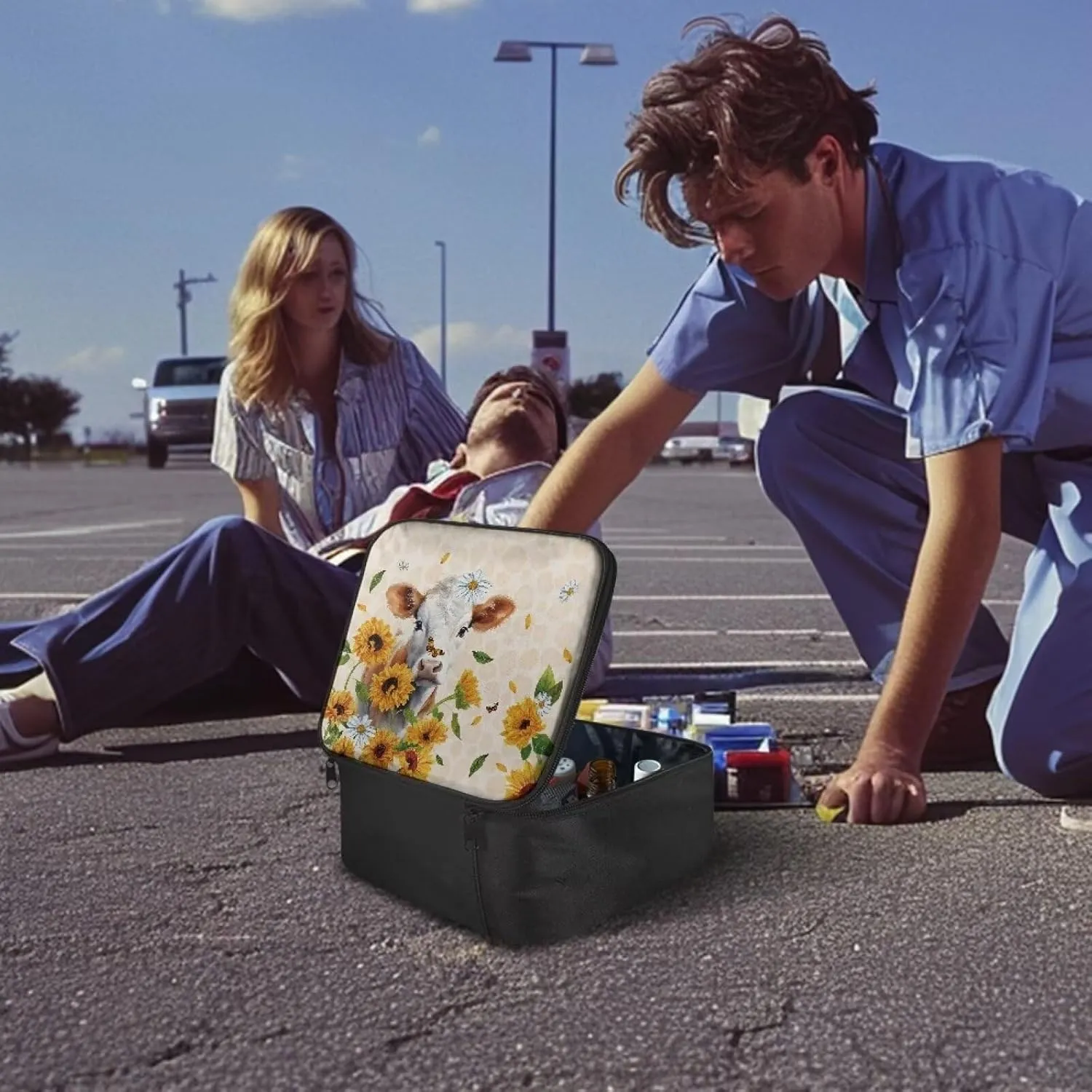 Portable Empty First Aid Kit Bag Large Cow Sunflower Travel First Aid Kit Pouch Medical Storage Bag Medium Emergency Survival Pouch Bag for Car Camping Hiking Home Travel Office