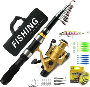 Portable Fishing Rod and Reel Set, Telescopic Casting Rod with Line and Hooks, Saltwater Fishing