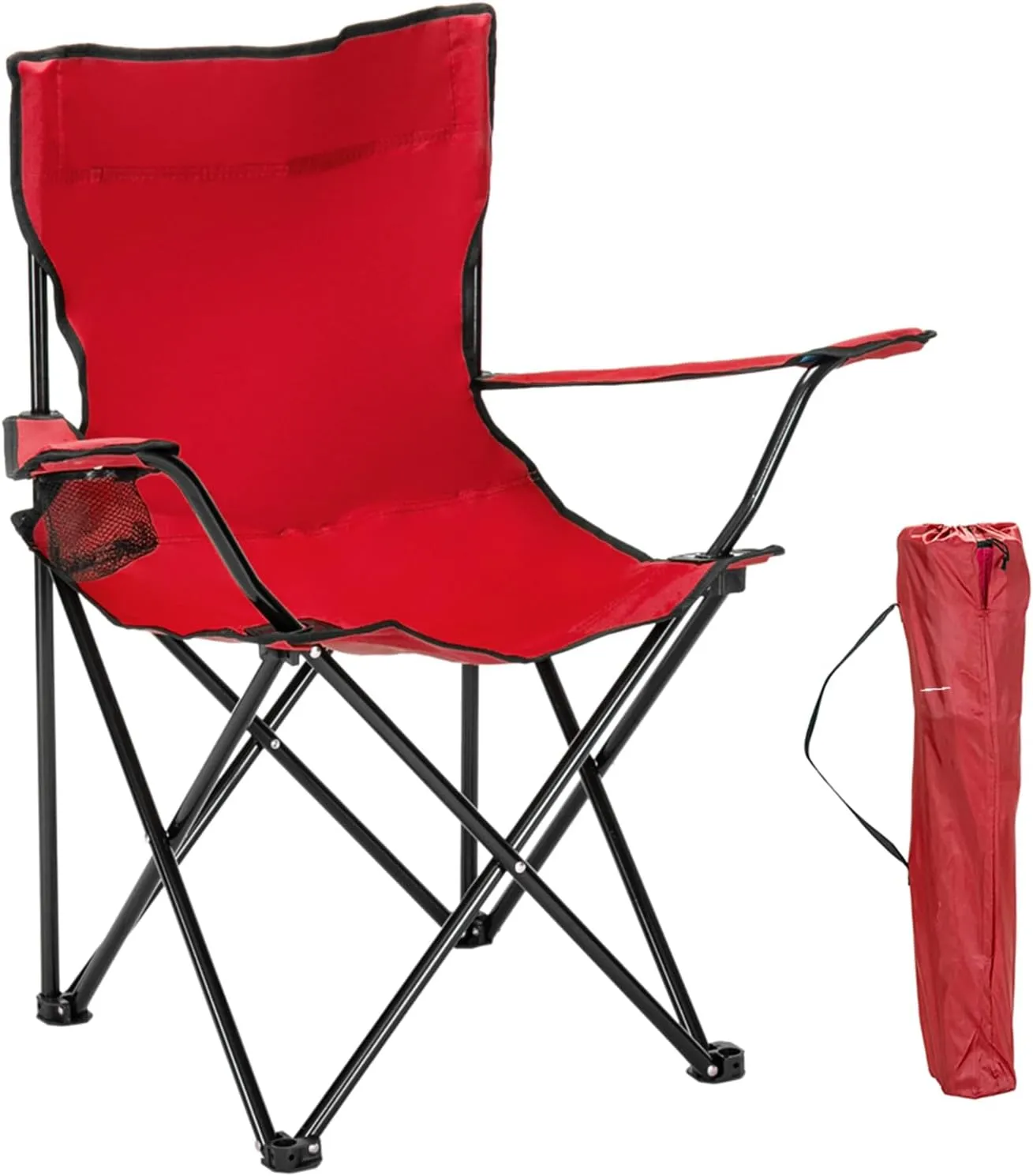 Portable Folding Camping Chair for Adults with Arm Rest Cup Holder and Carrying and Storage Bag, Ideal for Camping, Travel, Hiking, Backpacking, Beach, Fishing and Picnics, Supports up to 230Lbs, Red