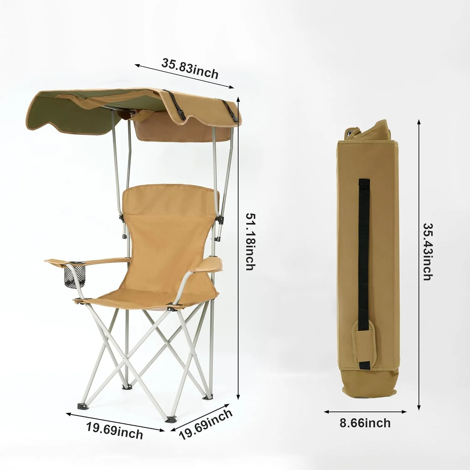 Portable Folding Camping Chairs with Canopy Shade, Beach Chair for Adults, Durable Weather Resistant Oxford Cloth, Camping Chair with Canopy for Outdoors (Khaki)