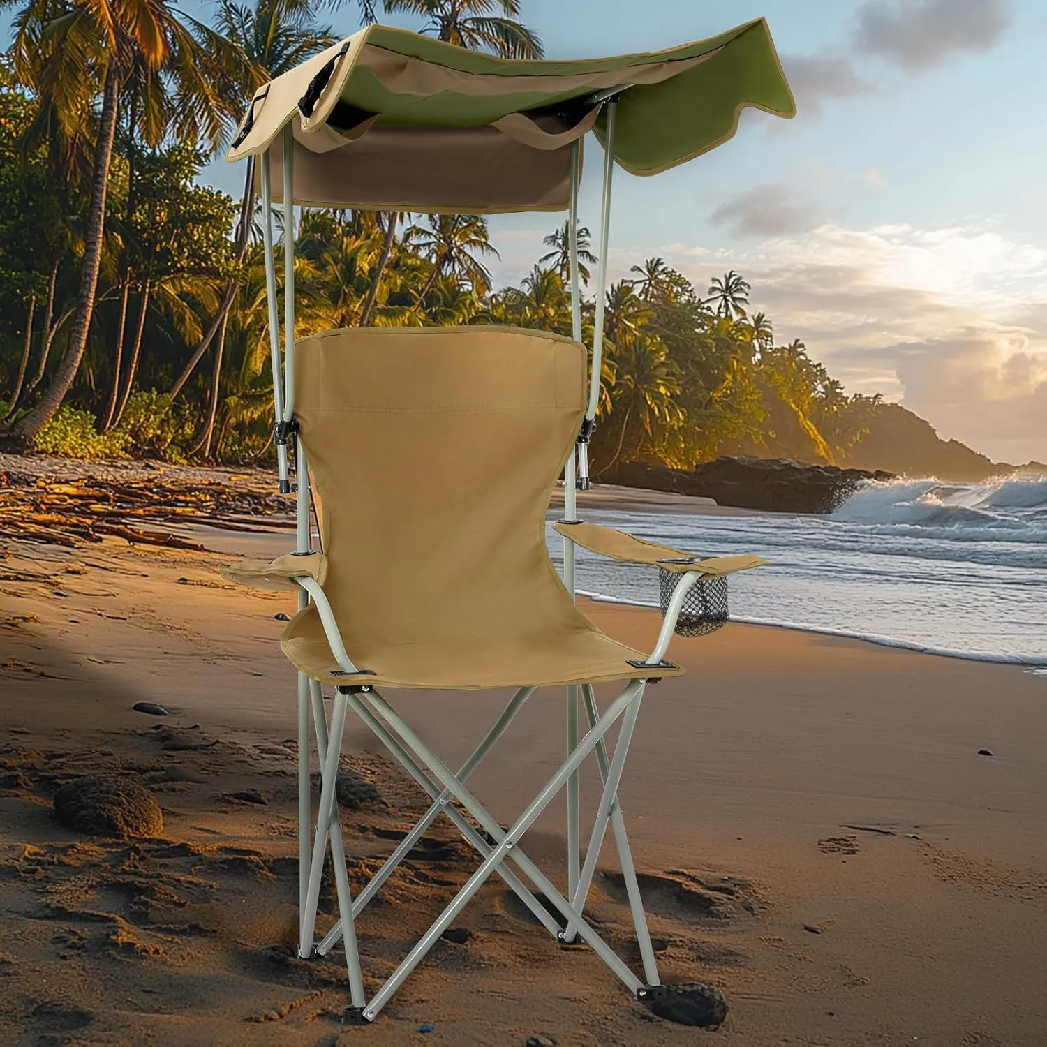 Portable Folding Camping Chairs with Canopy Shade, Beach Chair for Adults, Durable Weather Resistant Oxford Cloth, Camping Chair with Canopy for Outdoors (Khaki)