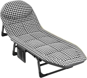 Portable Folding Camping Cot Houndstooth Adults Sleeping Cot Bed Outdoor Lounge Chair 5-Position Adjustable Reclining Folding Chaise w/Pillow for Camping Beach Travel
