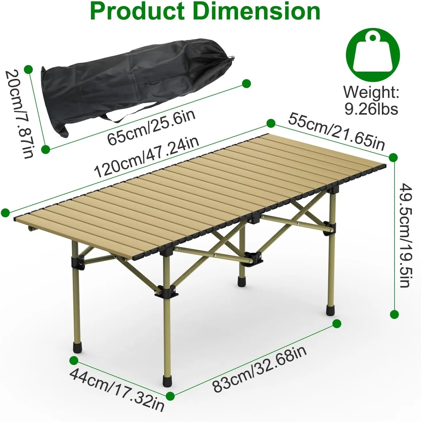 Portable Folding Camping Table, Lightweight Roll-up Outdoor Table with Carry Bag, Collapsible Picnic Table for Camping, Beach, BBQ, Hiking, Foldable & Sturdy Camping Furniture, L Size