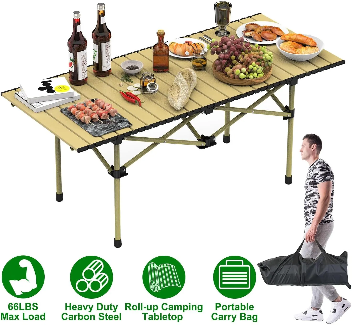 Portable Folding Camping Table, Lightweight Roll-up Outdoor Table with Carry Bag, Collapsible Picnic Table for Camping, Beach, BBQ, Hiking, Foldable & Sturdy Camping Furniture, L Size