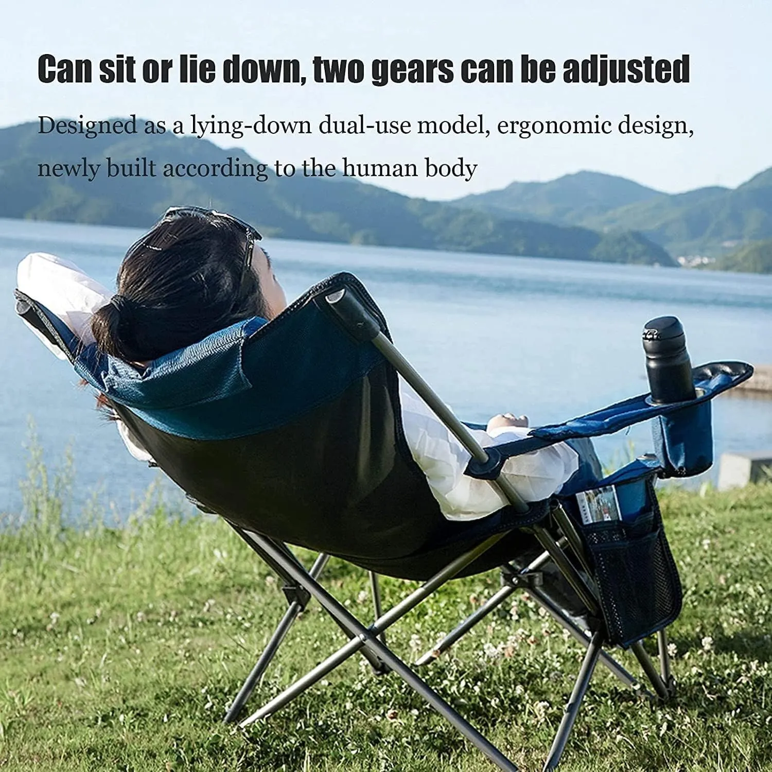 Portable Folding Chair Outdoor Folding Chair Portable Lawn Folding Seat Armchair with Cup Holder Pillow and Carry Bag Leisure Recliner Stool Adjustable Folding Chair(Green)