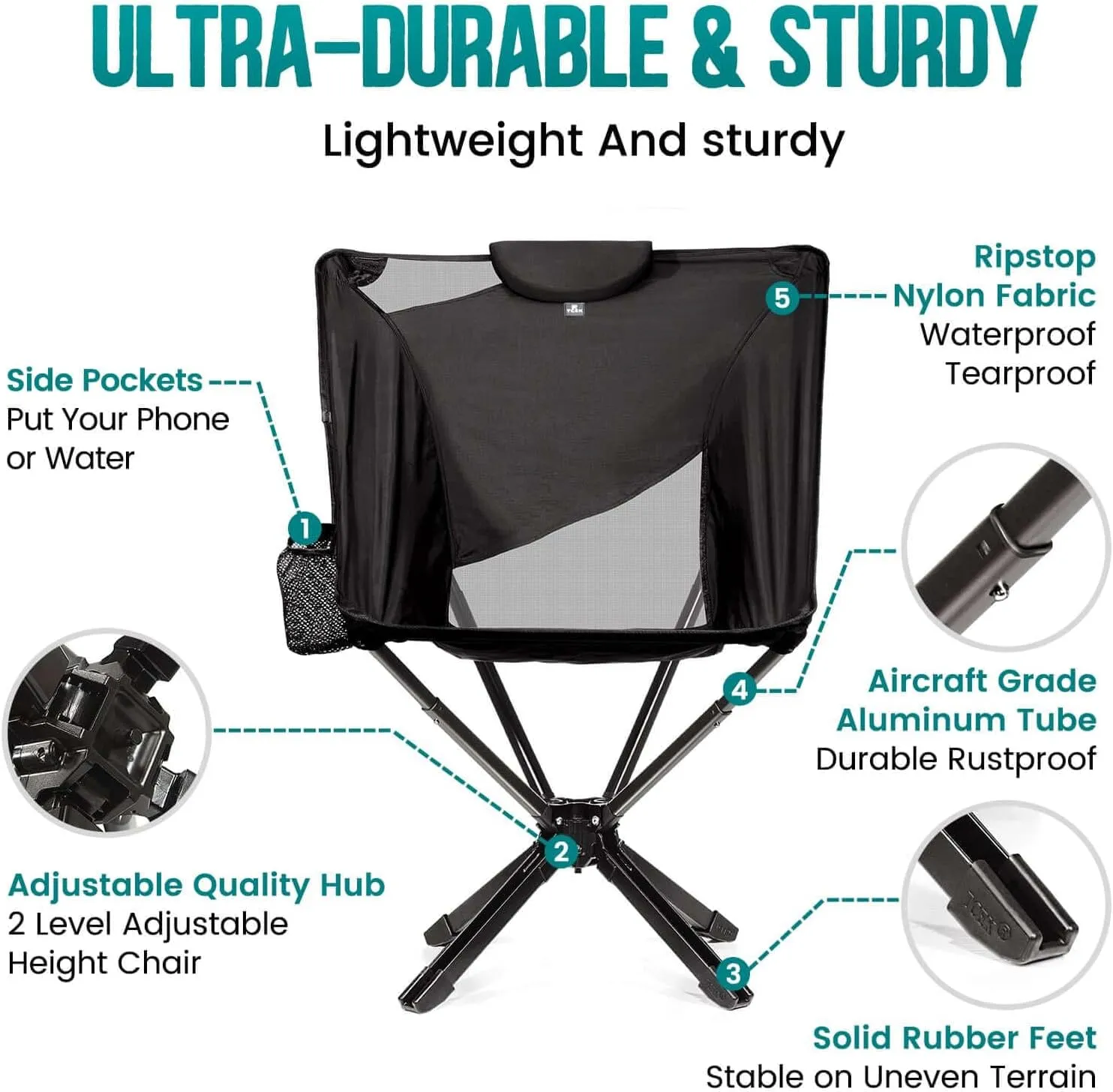 Portable High Back Camping Chair with Adjustable Height, Small Compact Outdoor Folding Chair for Adults Travel, Riselite Collapsible Lightweight Packable Camp Chairs, Easy Carry and Quick Setup