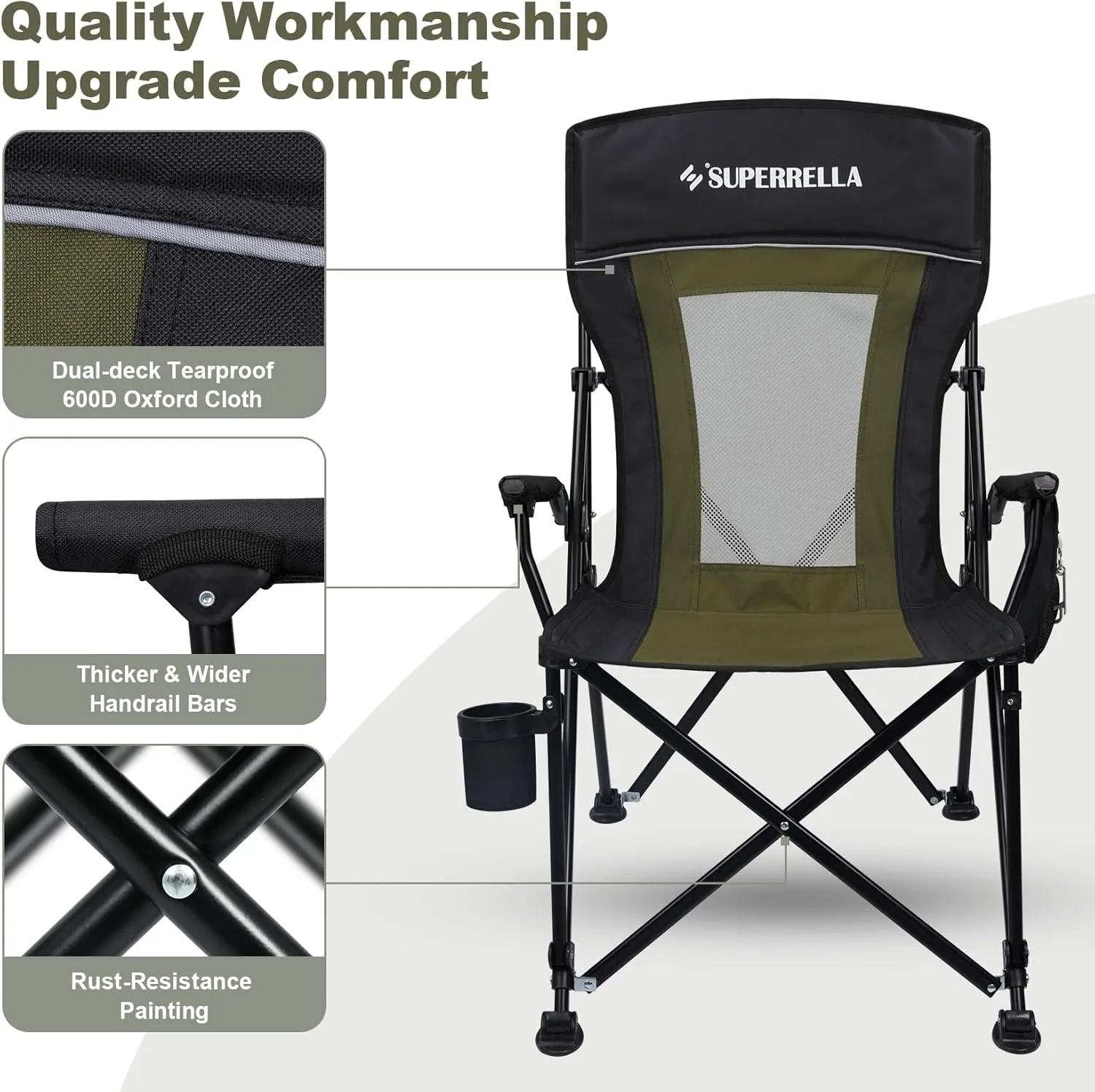Portable Outdoor Folding Camping Hard Arm Chair Heavy Duty Camp Chair for Outside Activities, Black&Green