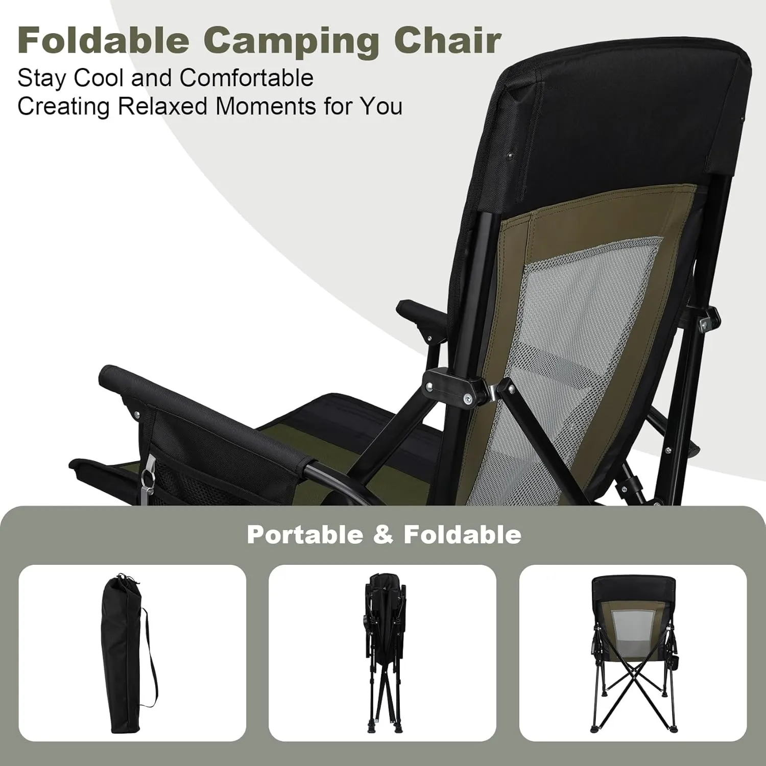 Portable Outdoor Folding Camping Hard Arm Chair Heavy Duty Camp Chair for Outside Activities, Black&Green