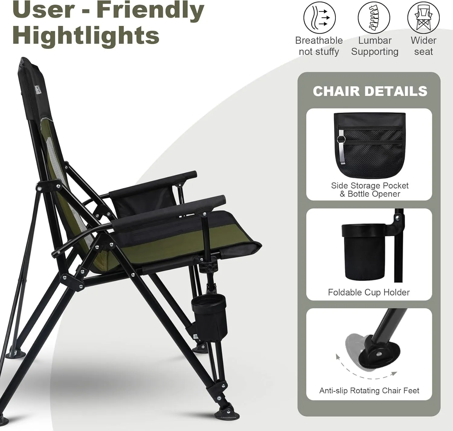 Portable Outdoor Folding Camping Hard Arm Chair Heavy Duty Camp Chair for Outside Activities, Black&Green