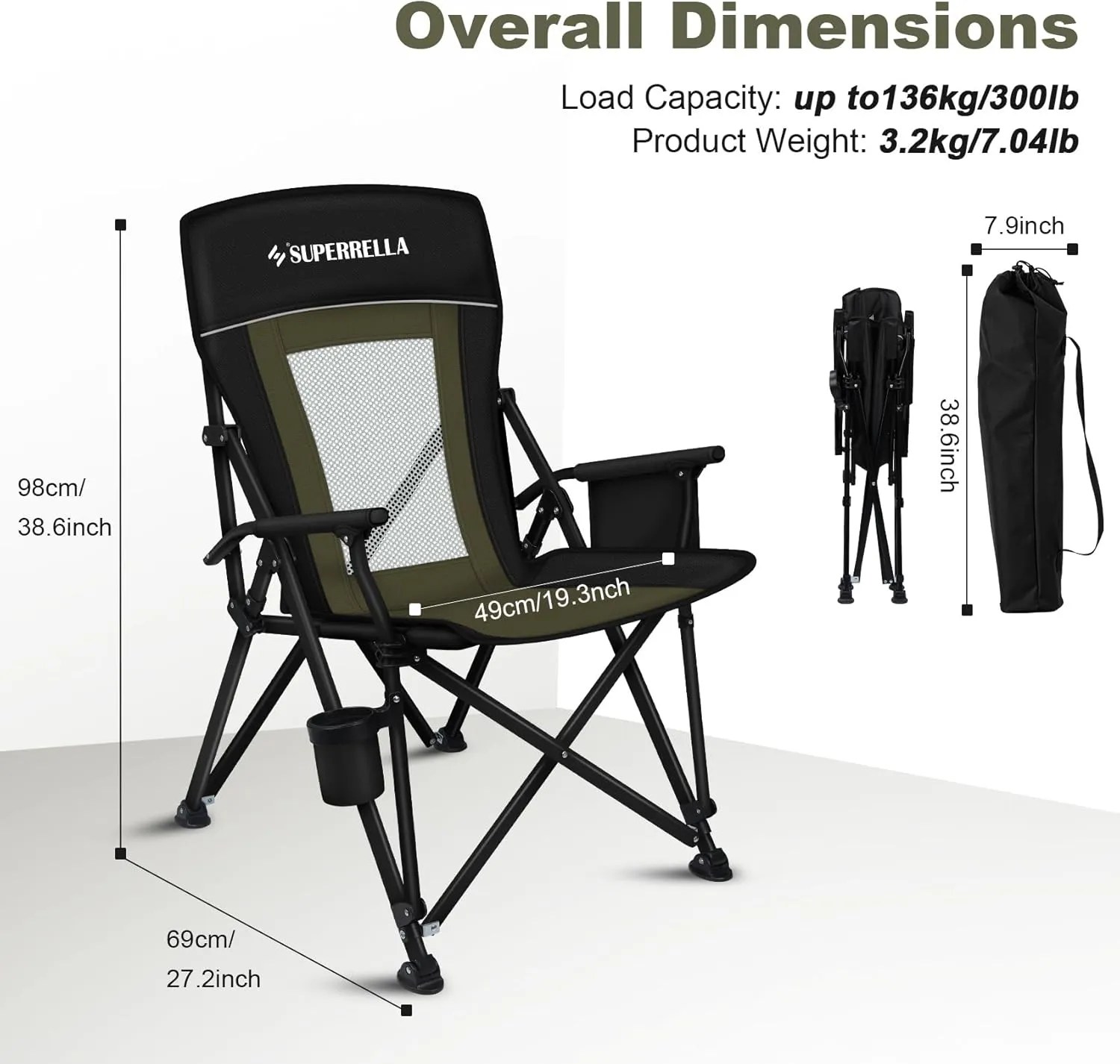 Portable Outdoor Folding Camping Hard Arm Chair Heavy Duty Camp Chair for Outside Activities, Black&Green