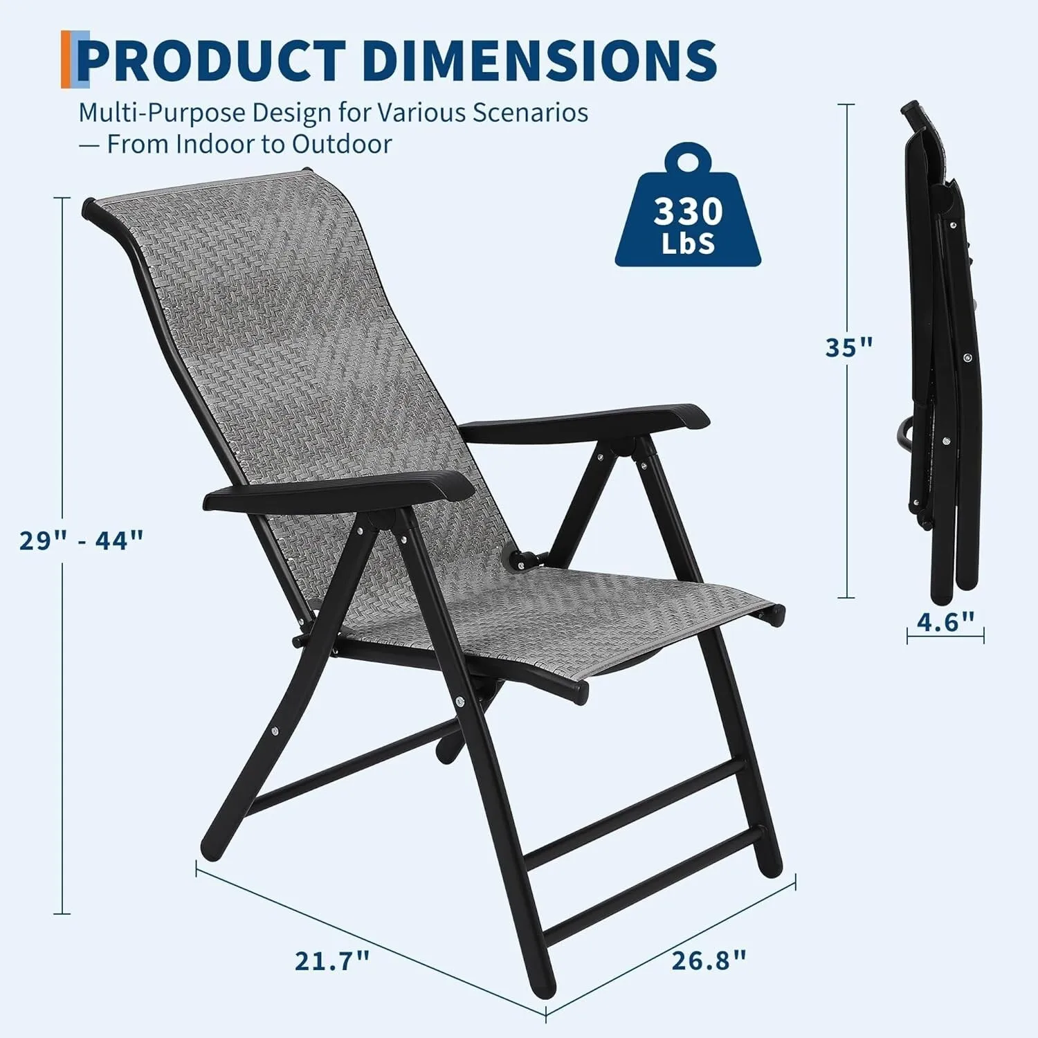 Portable Outdoor Folding Rattan Chaise Lounge Chair with Widened Armrest