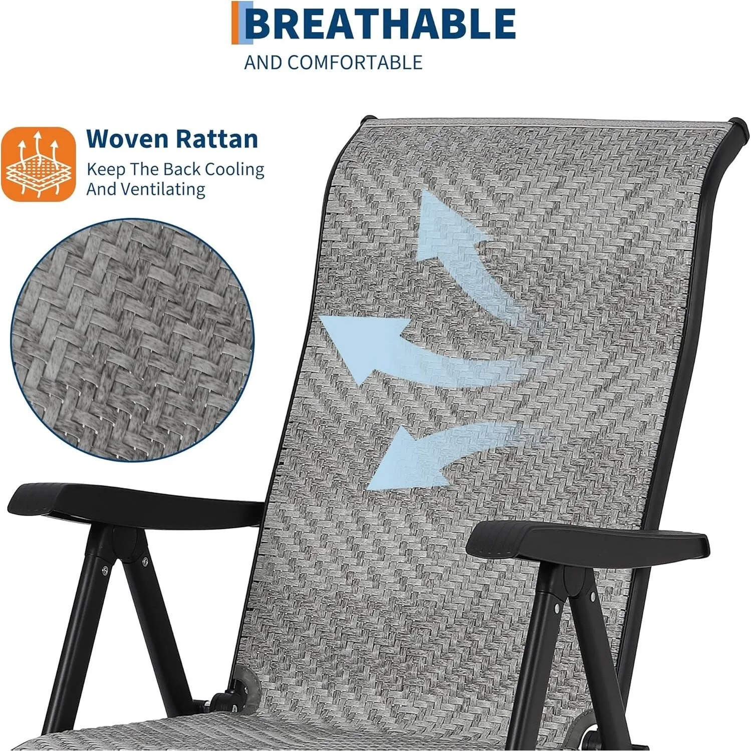 Portable Outdoor Folding Rattan Chaise Lounge Chair with Widened Armrest