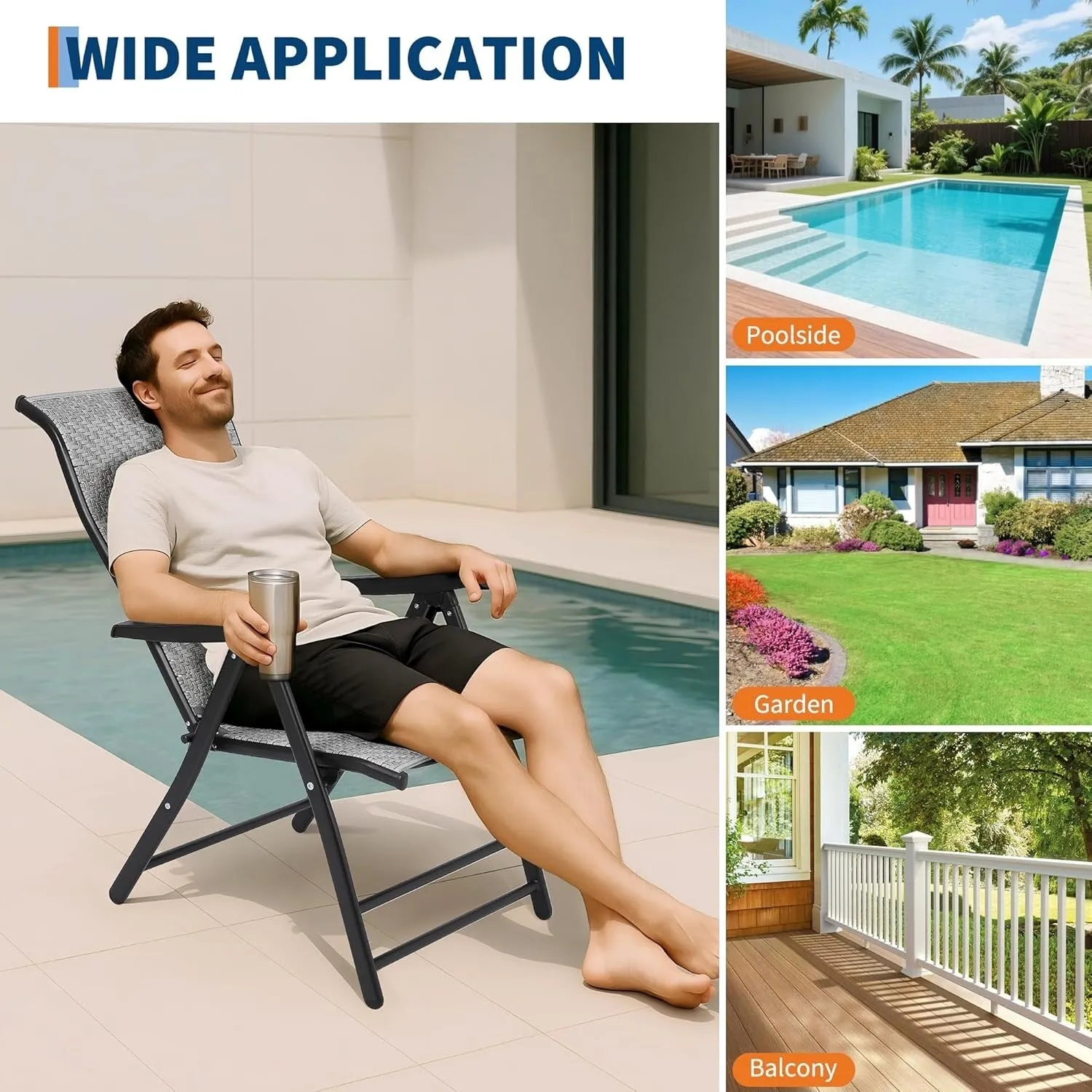 Portable Outdoor Folding Rattan Chaise Lounge Chair with Widened Armrest
