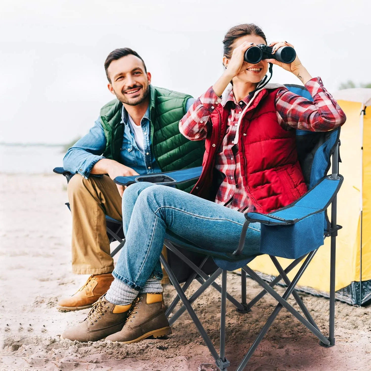 Portable Oversized Camping Chair, Folding Camp Chairs for Adults, Arm Lawn Chair with Cup Holder and Cooler Bag, Beach Chair with Lumbar Back Support 500 LBS for Outdoor