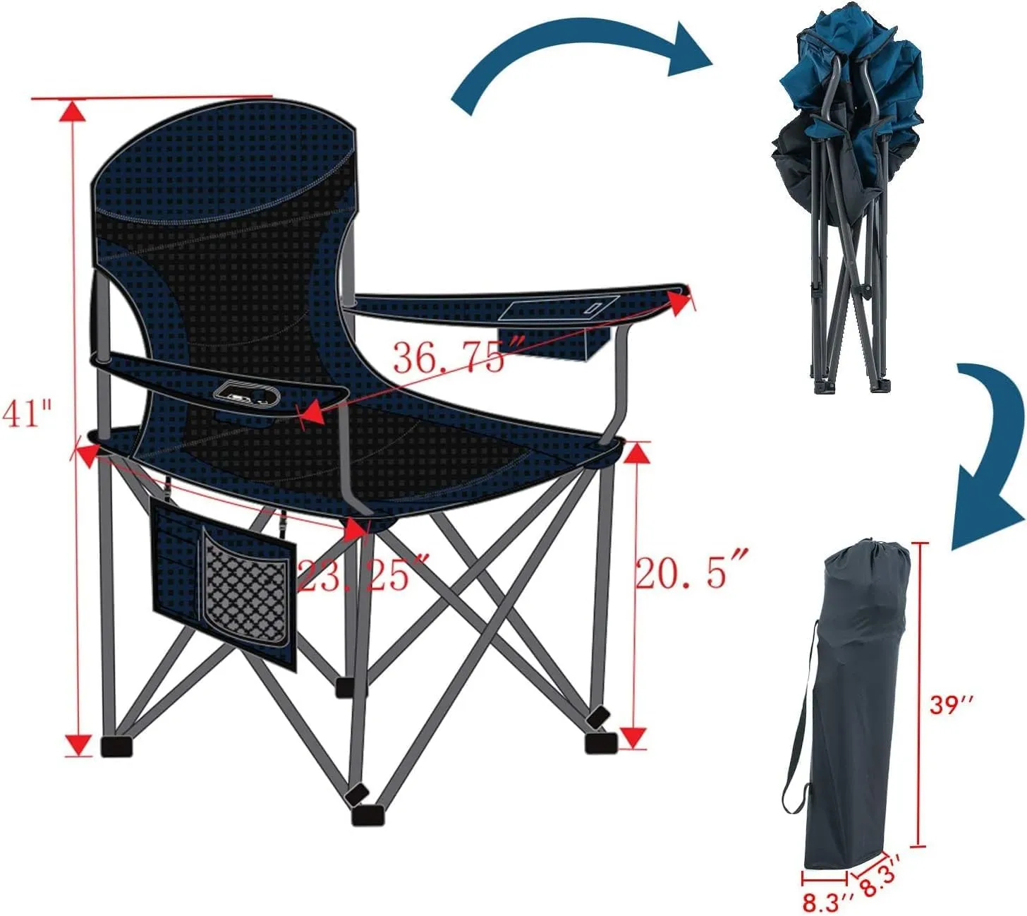 Portable Oversized Camping Chair, Folding Camp Chairs for Adults, Arm Lawn Chair with Cup Holder and Cooler Bag, Beach Chair with Lumbar Back Support 500 LBS for Outdoor