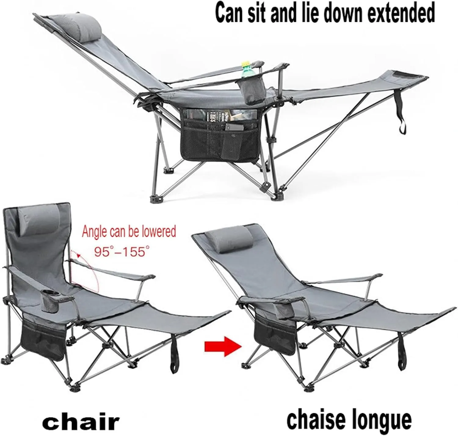 Portable Reclining Camping Chair with Cup HolderDetachable Footrest Folding Recliner Outdoor Lightweight Lawn Chairs for Travel Outside Camp Beach Fishing Sports,A