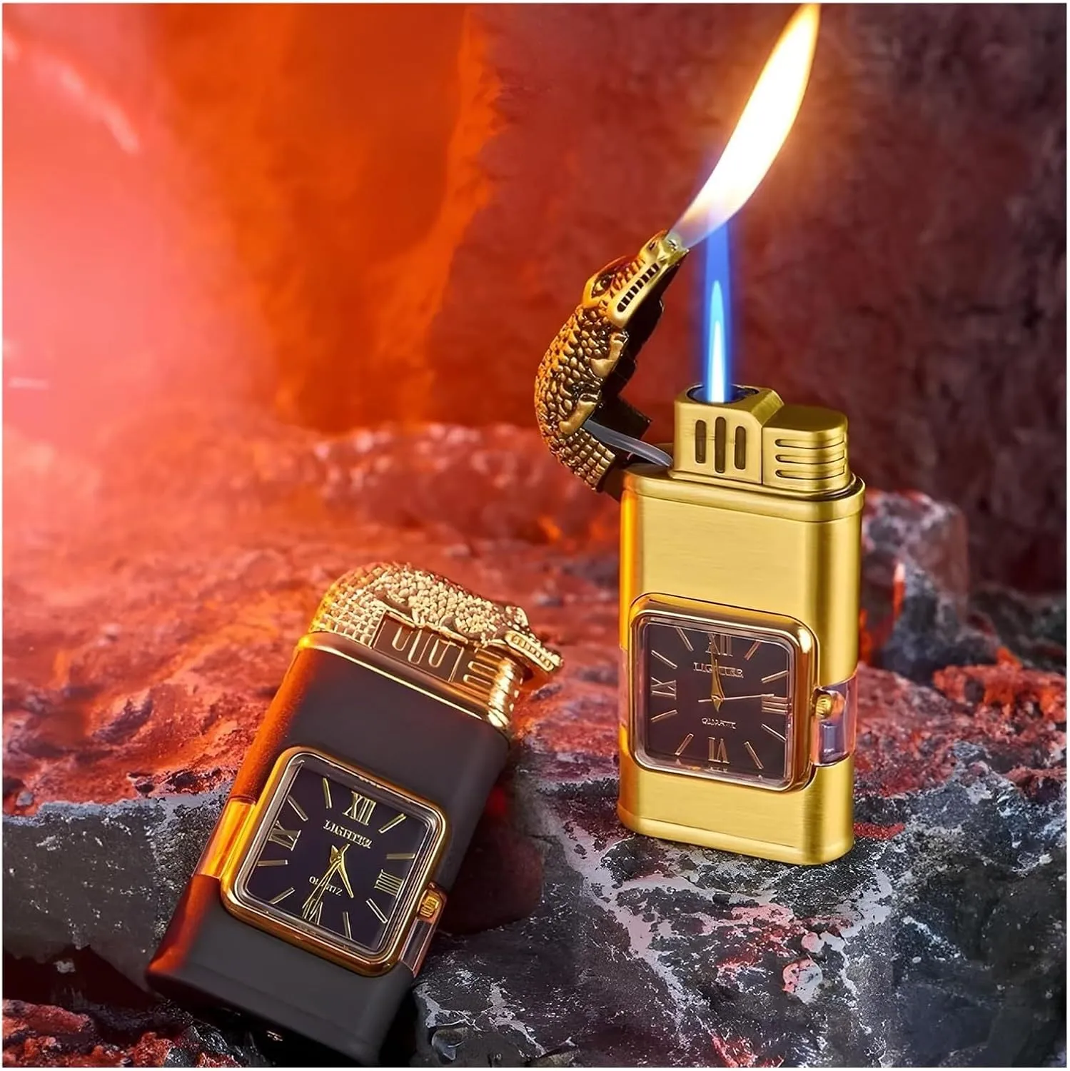 Portable Windproof Retro Lighter, Double Flame Torch Lighter, Metal Lighter, refillable Butane, Adjustable Flame Size, Gift for Men (Butane not Included)(Black)