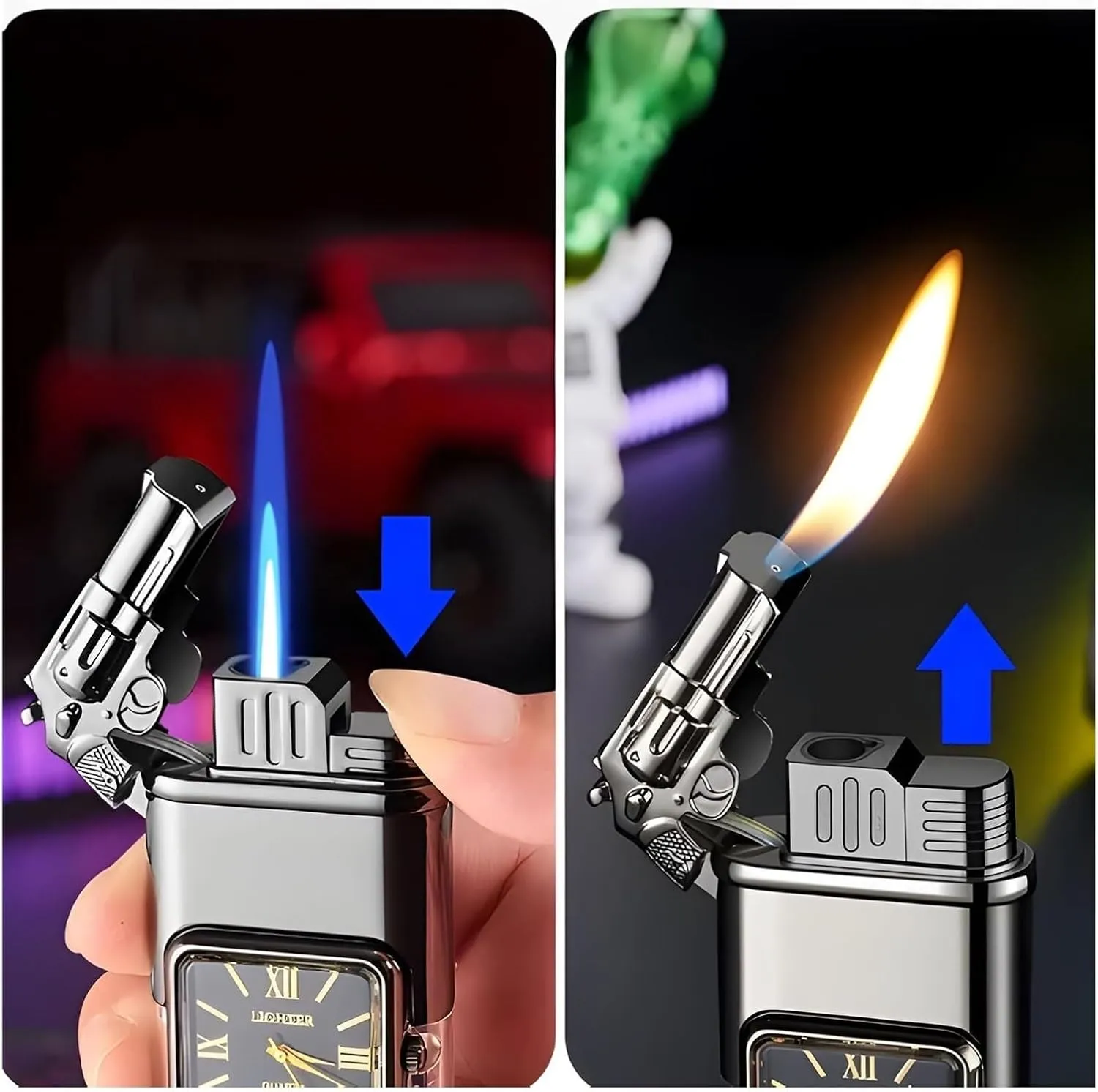 Portable Windproof Retro Lighter, Double Flame Torch Lighter, Metal Lighter, refillable Butane, Adjustable Flame Size, Gift for Men (Butane not Included)(Black)