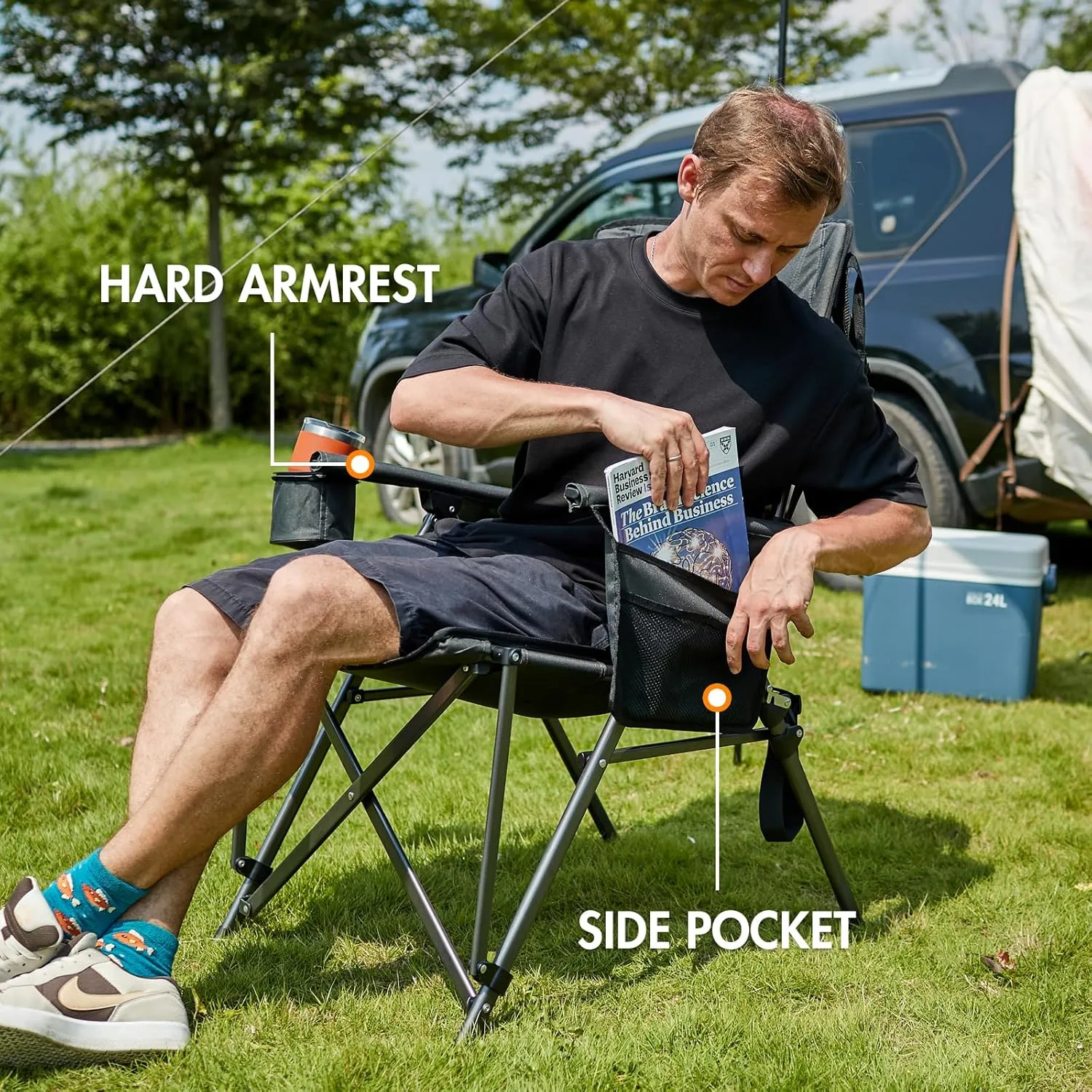 PORTAL Oversized Folding Camping Chair High Back Portable Lawn Chairs for Adults Outdoor Sports with Hard Armrest Cup Holder，Supports 400LBS Black