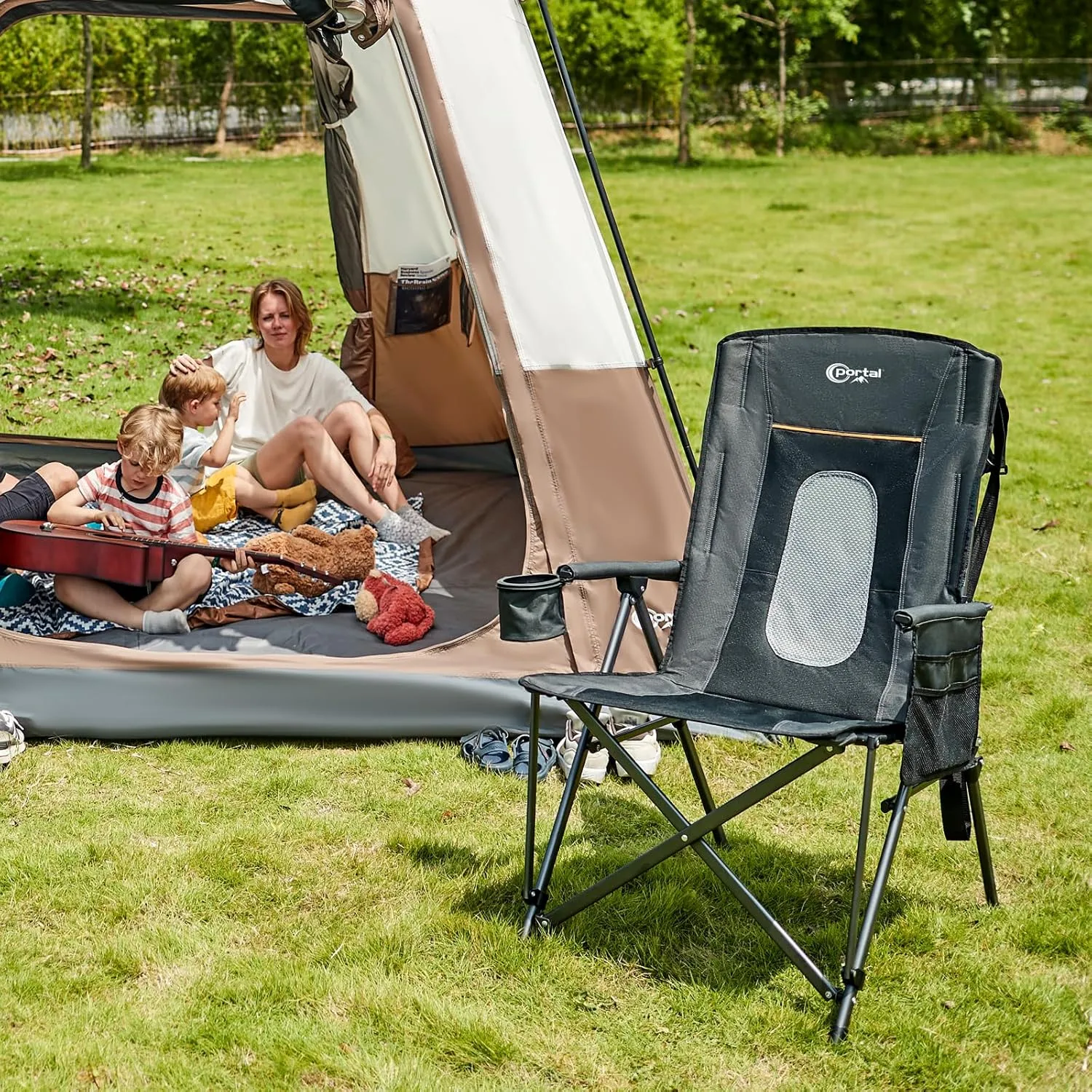 PORTAL Oversized Folding Camping Chair High Back Portable Lawn Chairs for Adults Outdoor Sports with Hard Armrest Cup Holder，Supports 400LBS Black