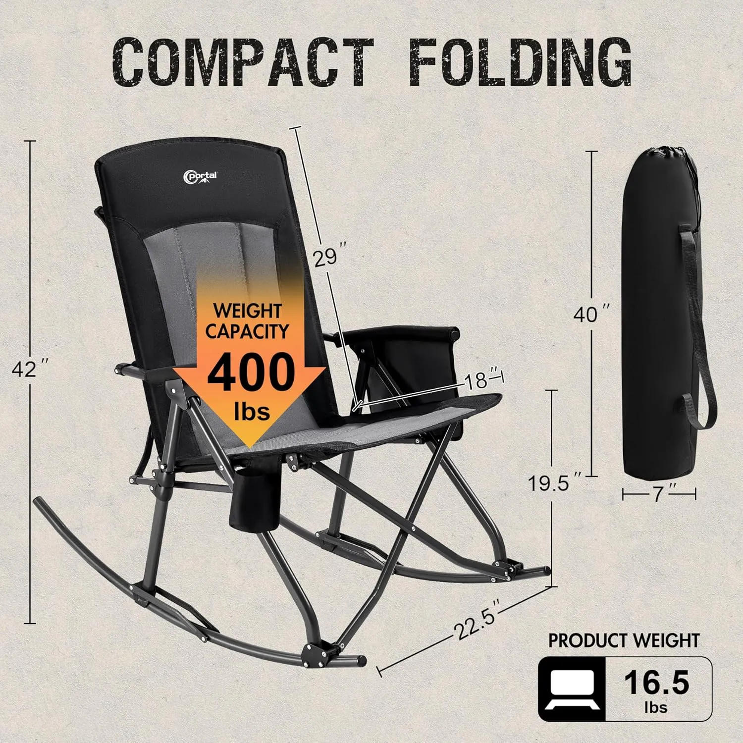 PORTAL Oversized Folding Rocking Camping Chair Portable Outdoor Rocker with High Back Hard Armrests Carry Bag, Supports 400 lbs, Mesh Back