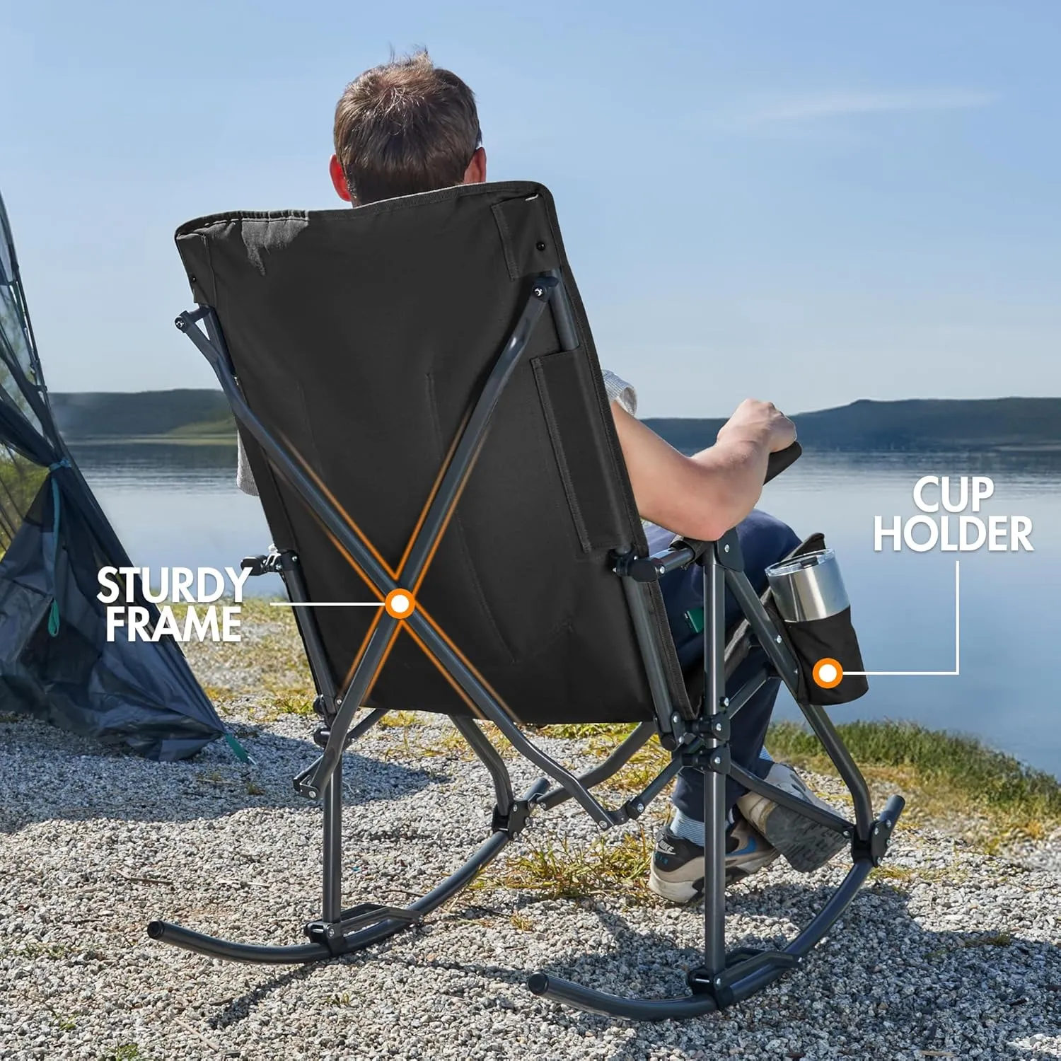 PORTAL Oversized Folding Rocking Camping Chair Portable Outdoor Rocker with High Back Hard Armrests Carry Bag, Supports 400 lbs, Mesh Back
