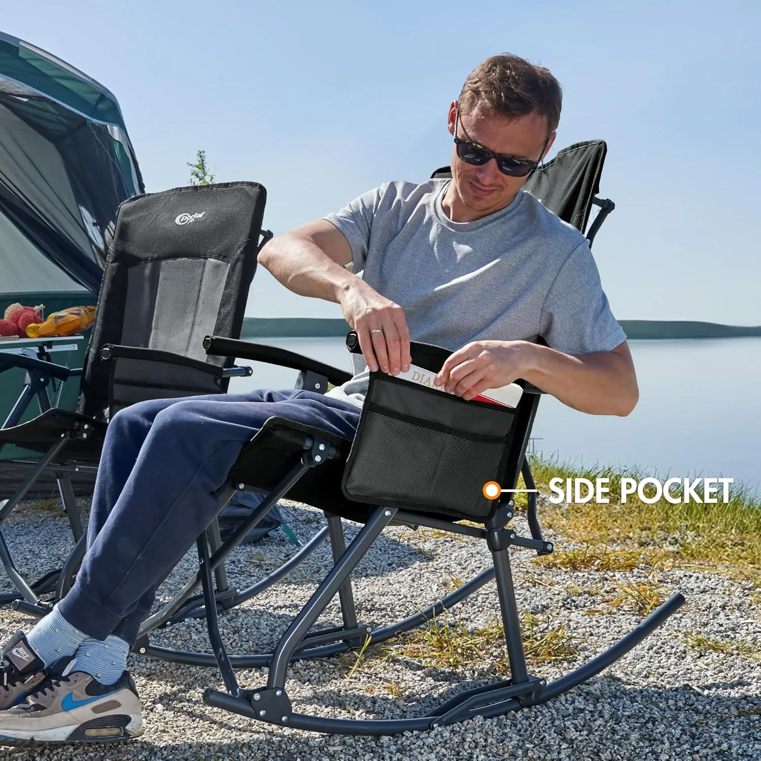 PORTAL Oversized Folding Rocking Camping Chair Portable Outdoor Rocker with High Back Hard Armrests Carry Bag, Supports 400 lbs, Mesh Back