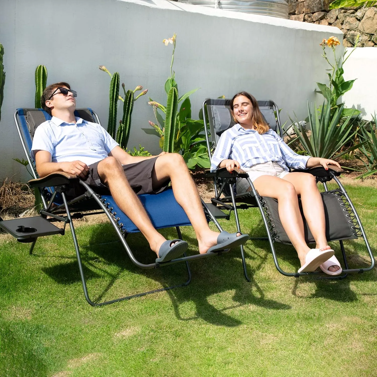 PORTAL Oversized Mesh Back Zero Gravity Reclining Patio Chairs, XL Padded Seat Folding Patio Lounge Chair with Adjustable Pillows and Cup Holder for Poolside Backyard/Lawn, Support 350lbs