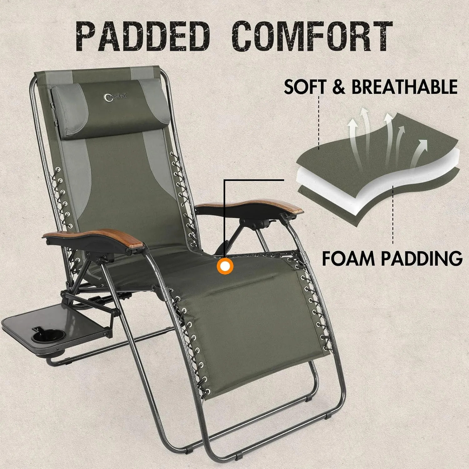 PORTAL Oversized Mesh Back Zero Gravity Reclining Patio Chairs, XL Padded Seat Folding Patio Lounge Chair with Adjustable Pillows and Cup Holder for Poolside Backyard/Lawn, Support 350lbs