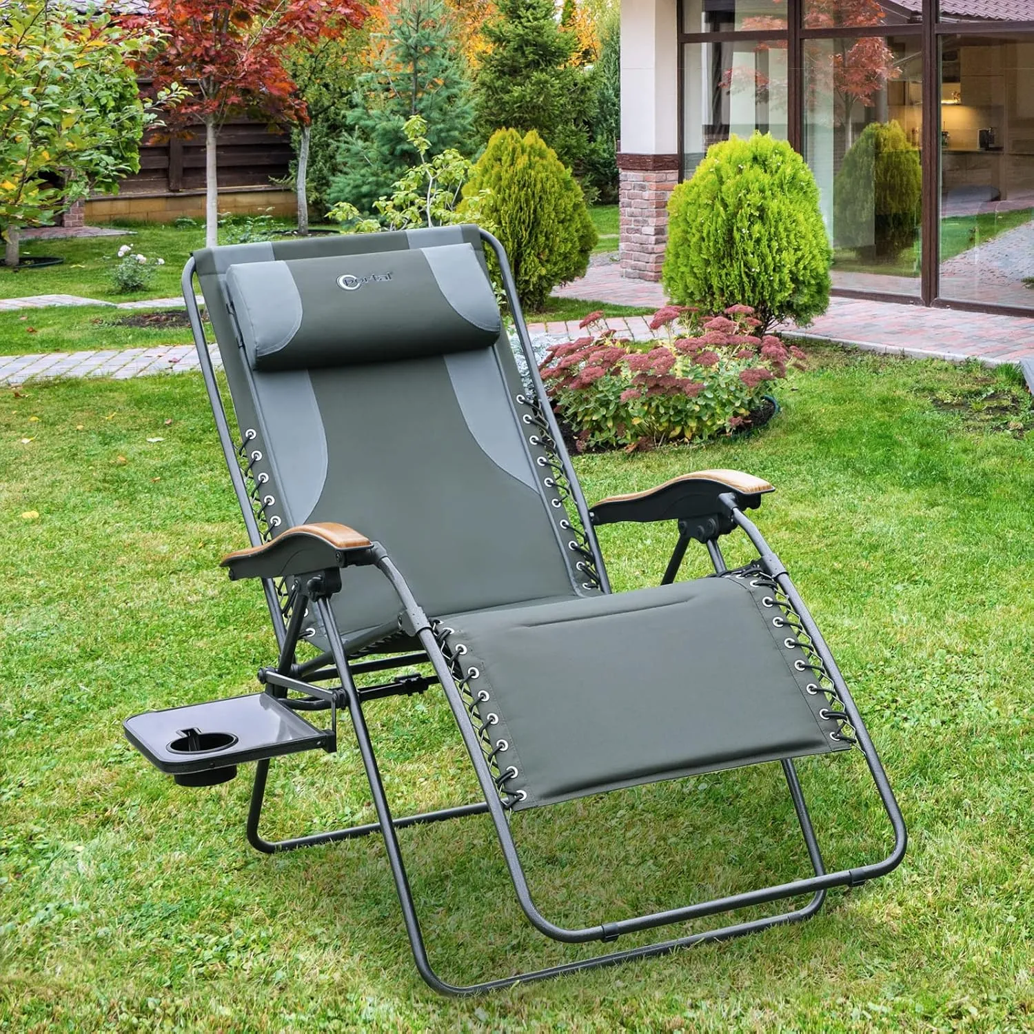 PORTAL Oversized Mesh Back Zero Gravity Reclining Patio Chairs, XL Padded Seat Folding Patio Lounge Chair with Adjustable Pillows and Cup Holder for Poolside Backyard/Lawn, Support 350lbs