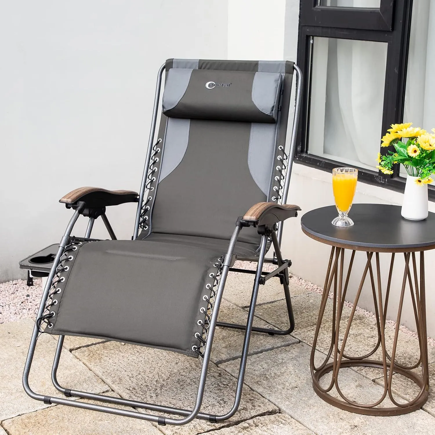 PORTAL Oversized Mesh Back Zero Gravity Reclining Patio Chairs, XL Padded Seat Folding Patio Lounge Chair with Adjustable Pillows and Cup Holder for Poolside Backyard/Lawn, Support 350lbs