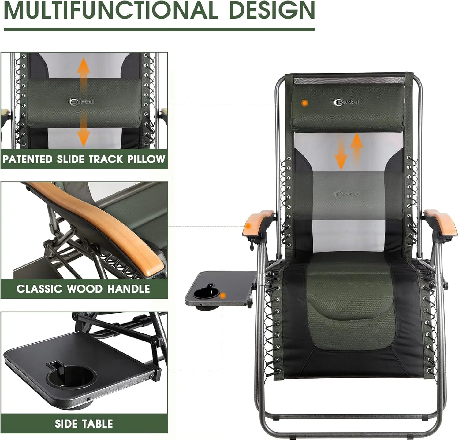 PORTAL Oversized Mesh Back Zero Gravity Reclining Patio Chairs, XL Padded Seat Folding Patio Lounge Chair with Adjustable Pillows and Cup Holder for Poolside Backyard/Lawn, Support 350lbs
