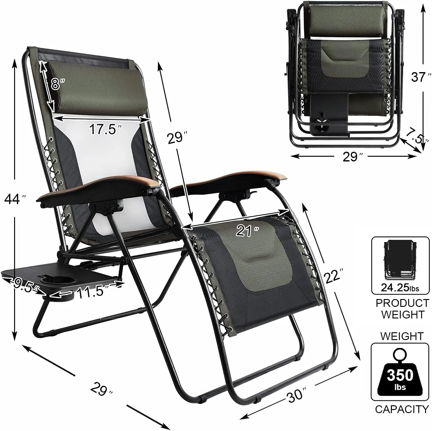 PORTAL Oversized Mesh Back Zero Gravity Reclining Patio Chairs, XL Padded Seat Folding Patio Lounge Chair with Adjustable Pillows and Cup Holder for Poolside Backyard/Lawn, Support 350lbs